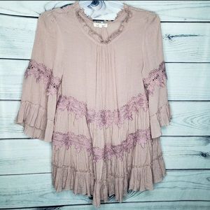 Indigo Soul Ruffled Tunic Top Womens Lace Crochet Artsy Boho